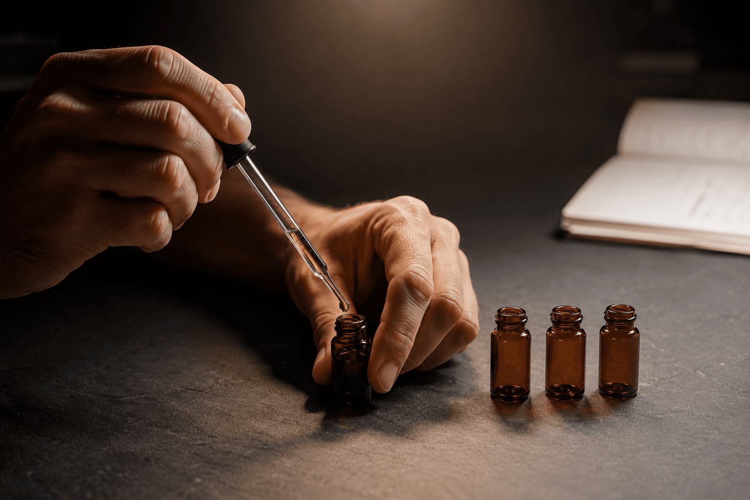 Hands using a glass pipette to fill amber glass vials on a dark slate bench