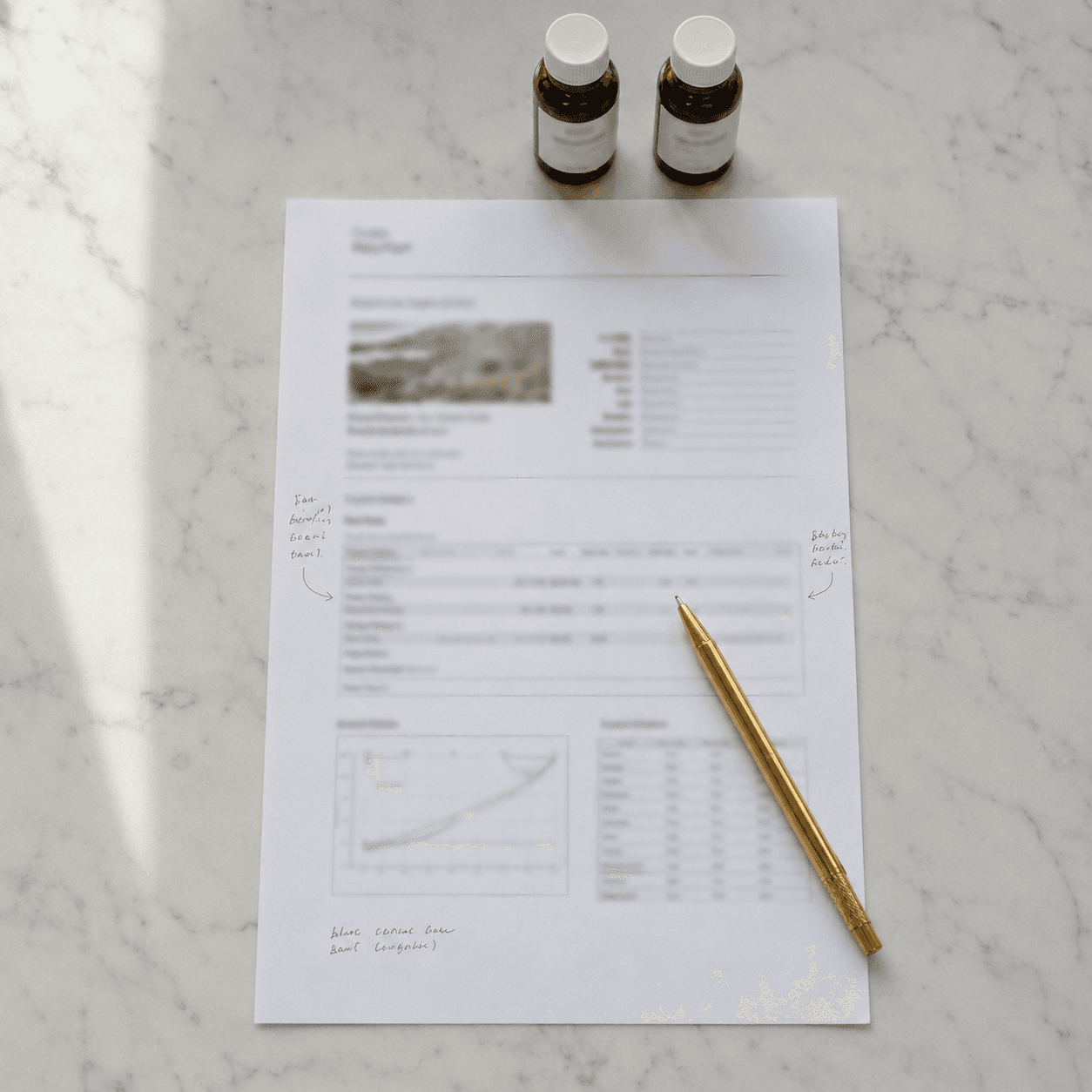 Overhead flat-lay of a printed flavor spec sheet with amber sample bottles and a gold pen