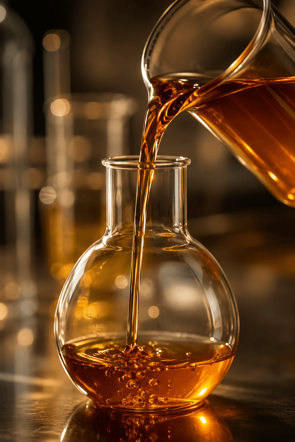 Amber liquid being poured into a round glass flask, warm studio light