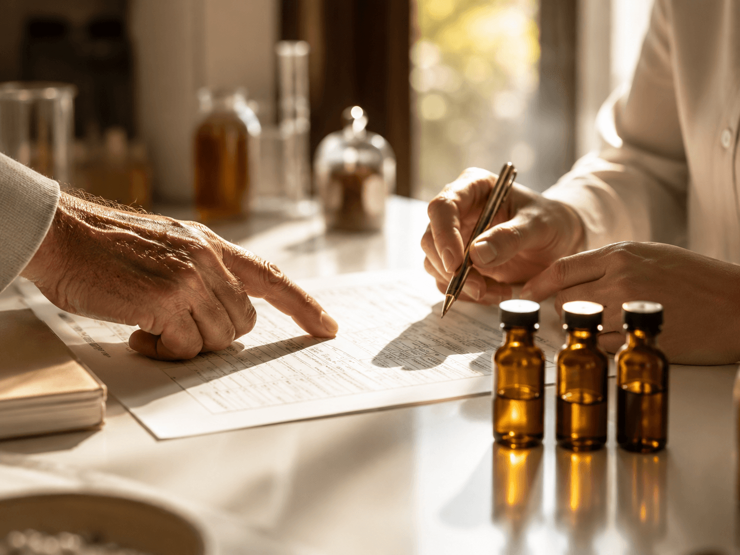 Two people reviewing a flavor spec sheet with amber sample bottles on a desk