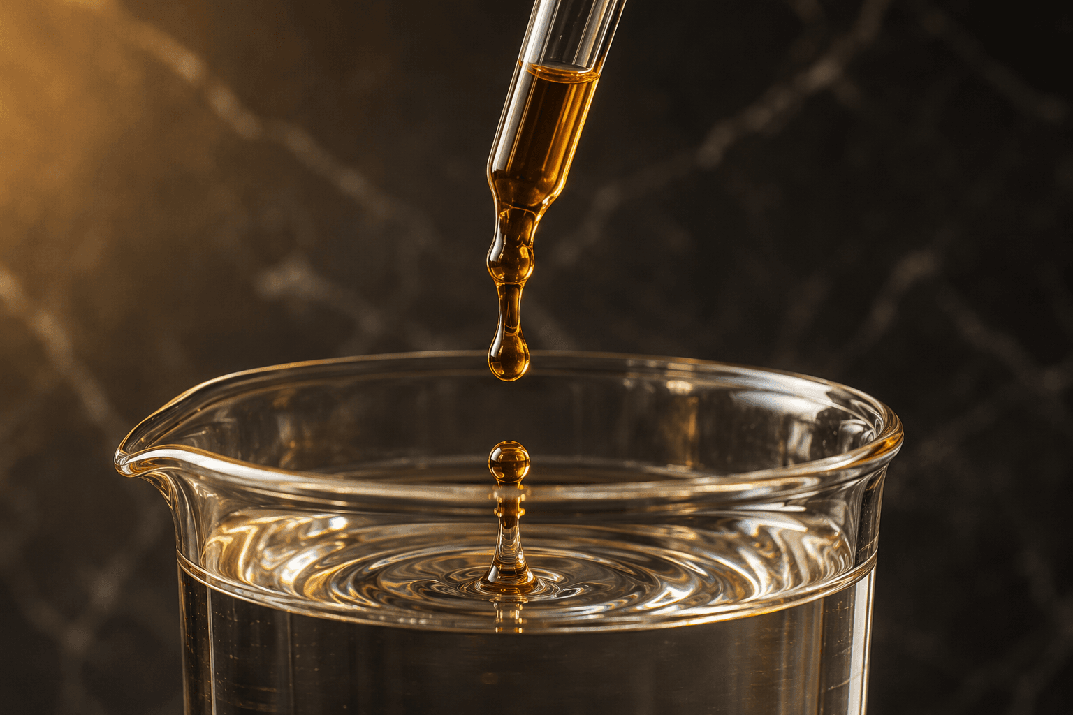 Single amber drop falling from a pipette into a glass beaker