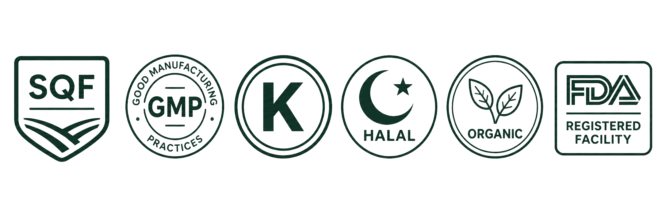 SQF, GMP, Kosher, Halal, Organic, and FDA Registered Facility badges