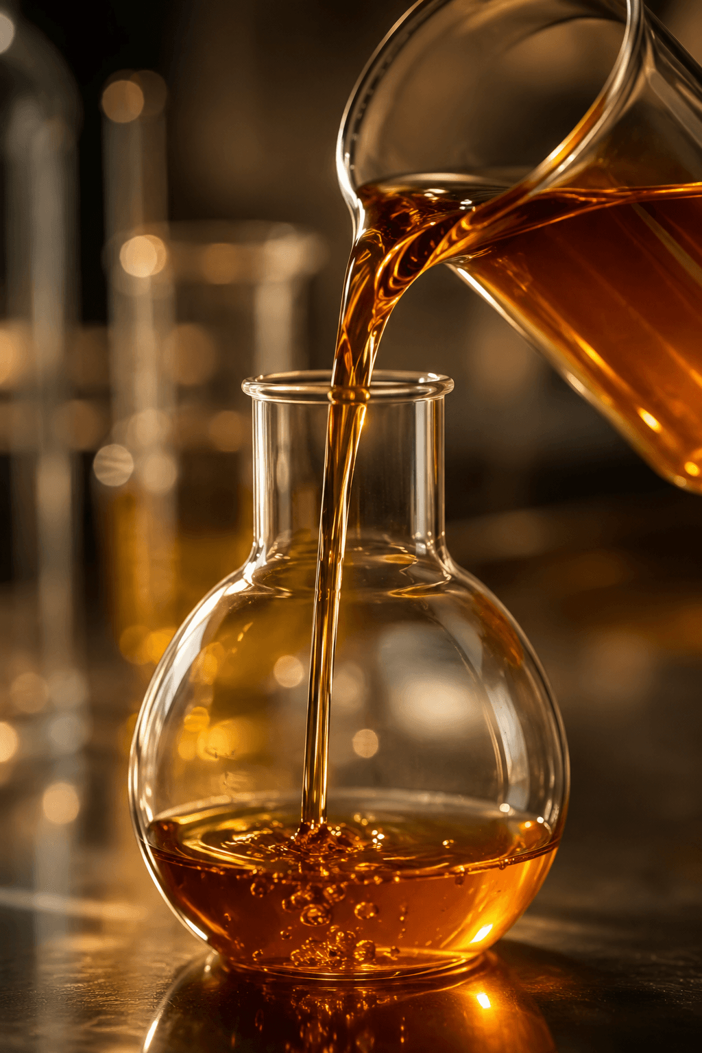 Amber liquid being poured into a round glass flask, warm studio light