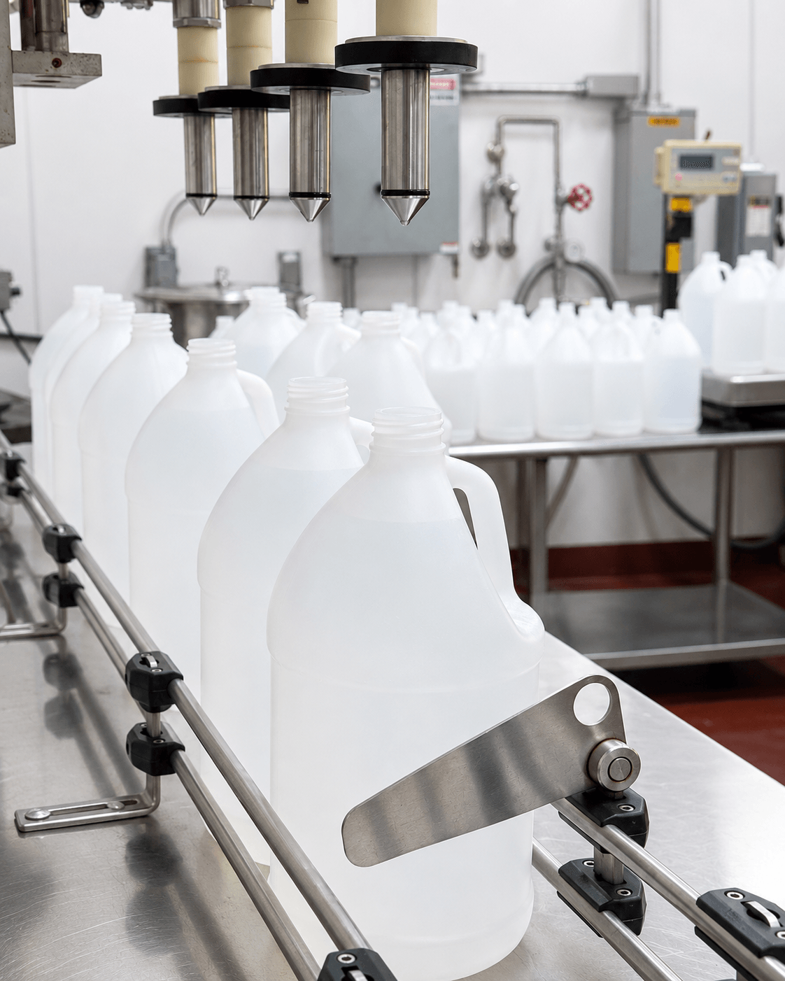 Gallon container filling line at The Flavor Factory production facility - finished liquid flavor product being filled for shipment
