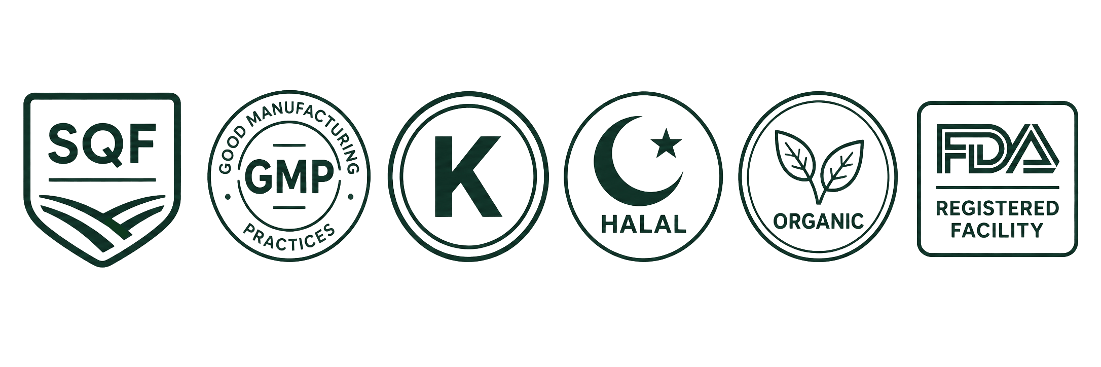 SQF, GMP, Kosher, Halal, Organic, and FDA Registered Facility badges